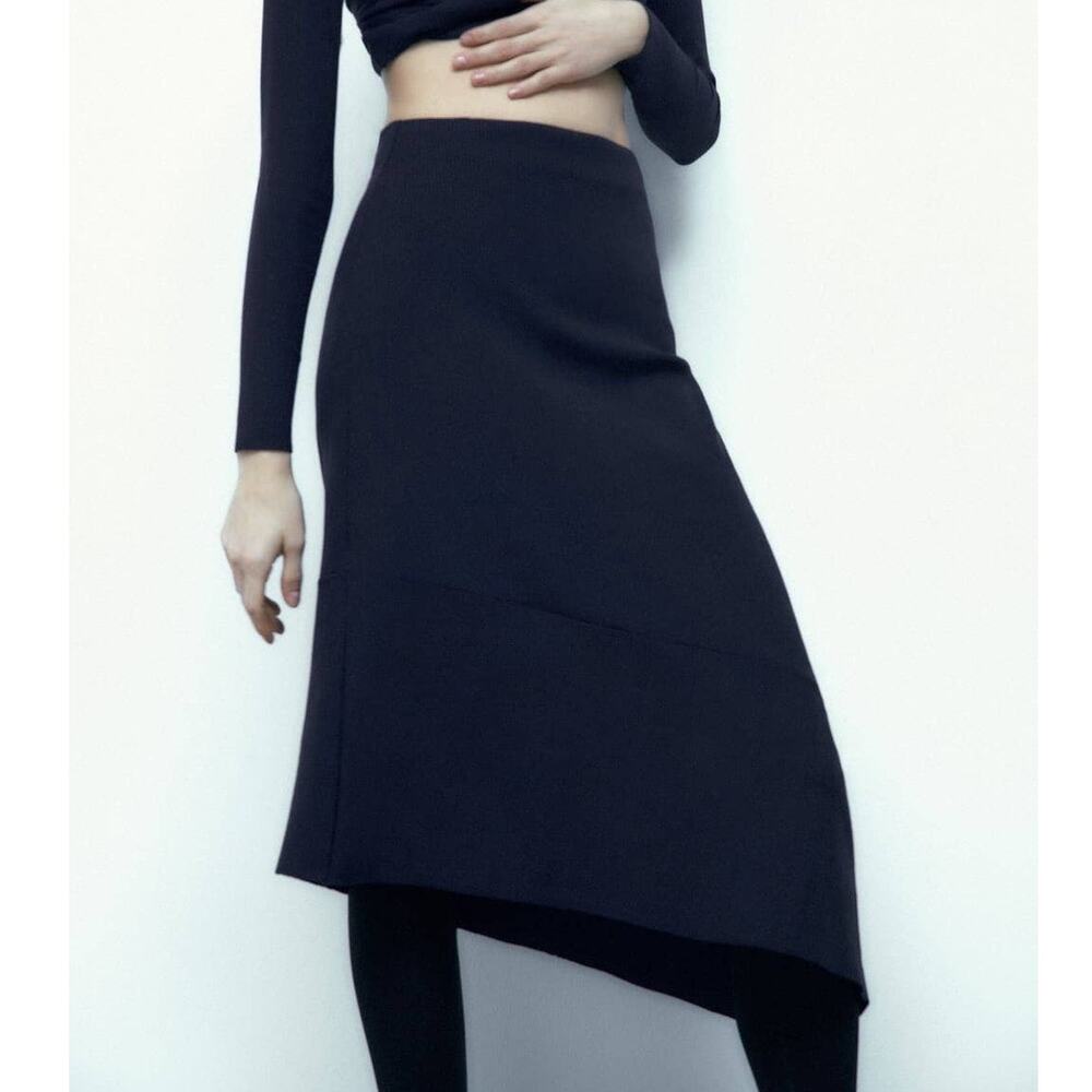 Zara Asymmetric Ribbed Midi Skirt in Navy Blue